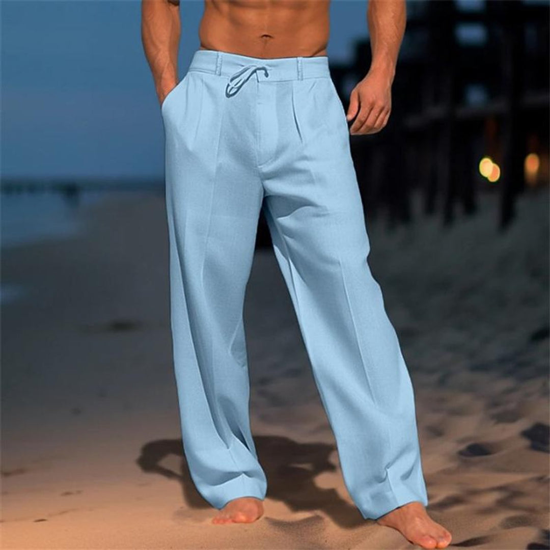 Men's Relaxed Wide-Leg Drawstring Linen Pants - Blue