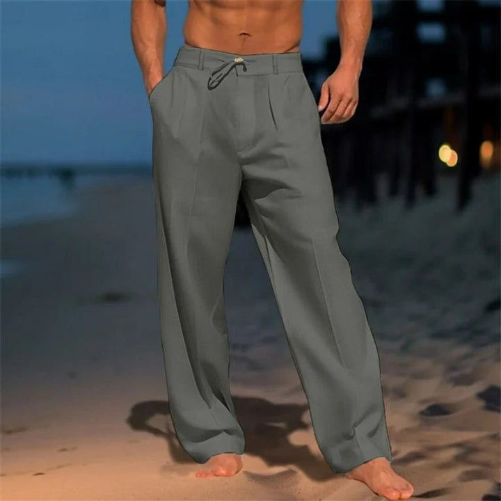 Men's Relaxed Wide-Leg Drawstring Linen Pants - Gray