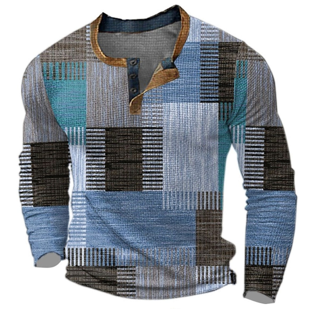 Men's Retro Colorblock Long Sleeve Henley Knit Sweater - Blue
