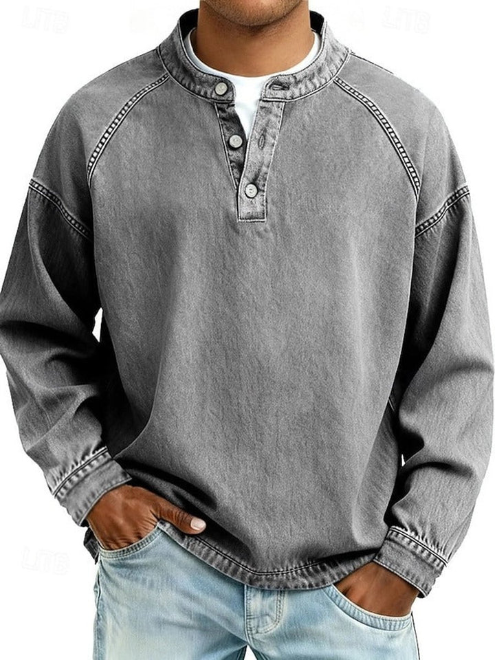 Men's Retro Washed Henley Pullover Mens Knit Sweater Long Sleeve - Gray