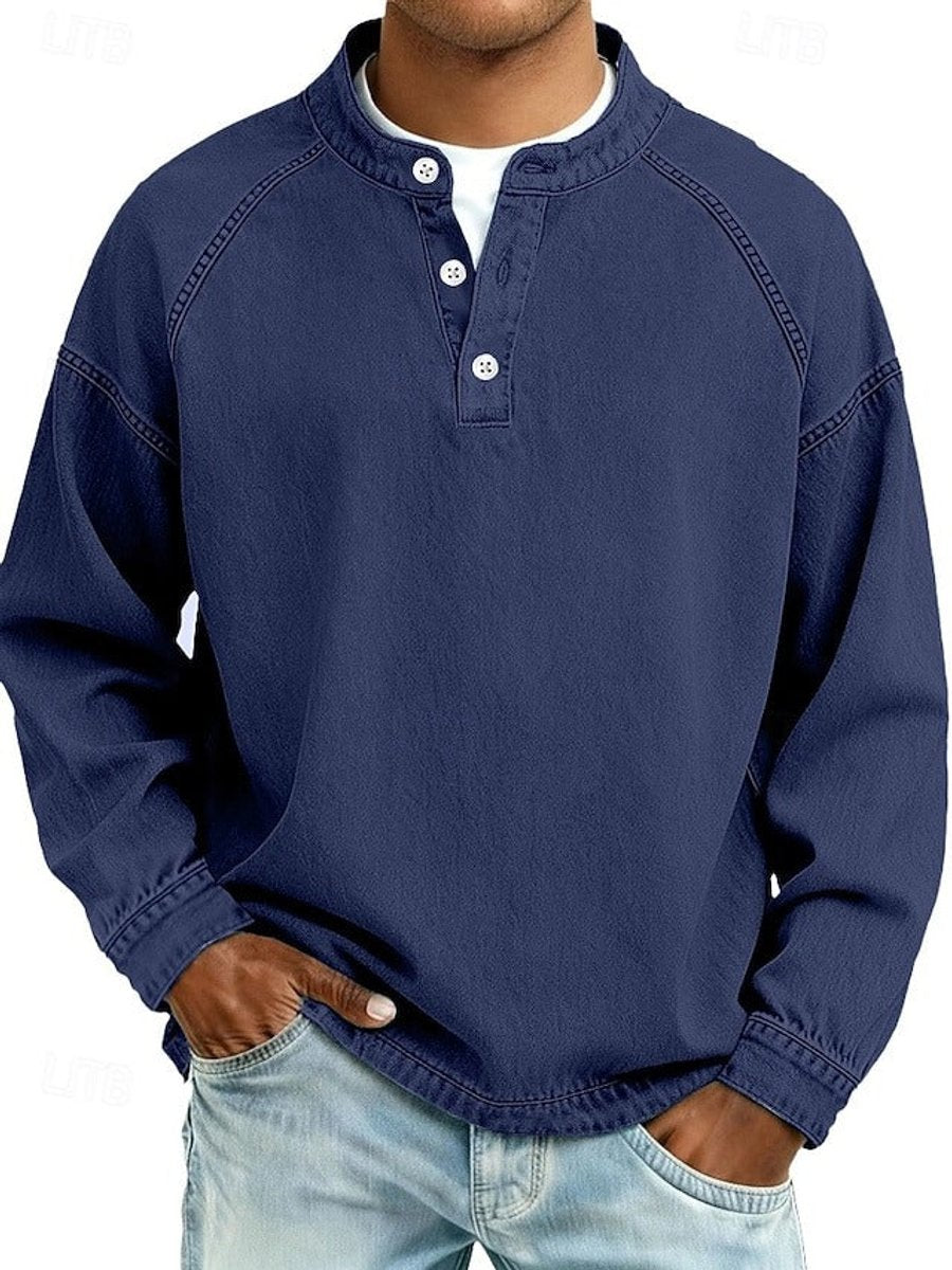 Men's Retro Washed Henley Pullover Mens Knit Sweater Long Sleeve - Royal Blue