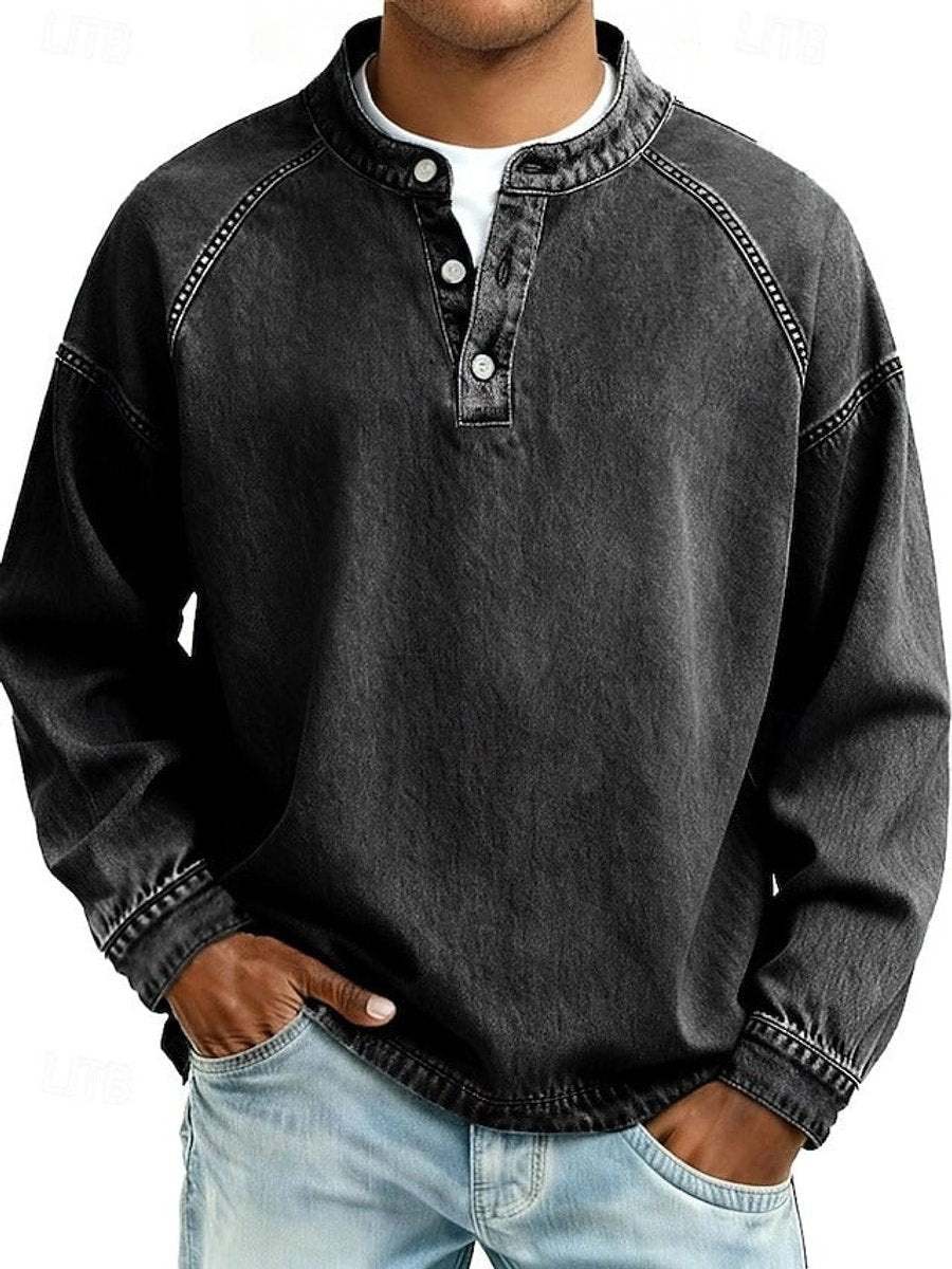Men's Retro Washed Henley Pullover Mens Knit Sweater Long Sleeve - Black