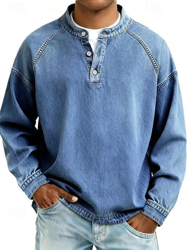 Men's Retro Washed Henley Pullover Mens Knit Sweater Long Sleeve - Light Blue