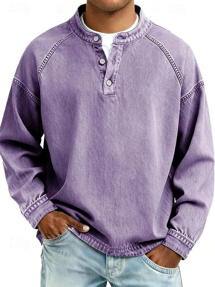 Men's Retro Washed Henley Pullover Mens Knit Sweater Long Sleeve - Purple