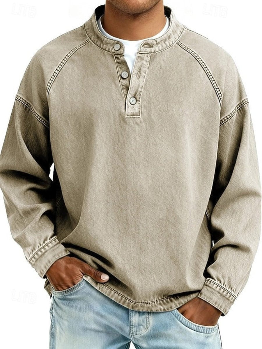 Men's Retro Washed Henley Pullover Mens Knit Sweater Long Sleeve - Khaki