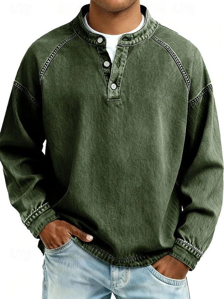 Men's Retro Washed Henley Pullover Mens Knit Sweater Long Sleeve - Dark Green