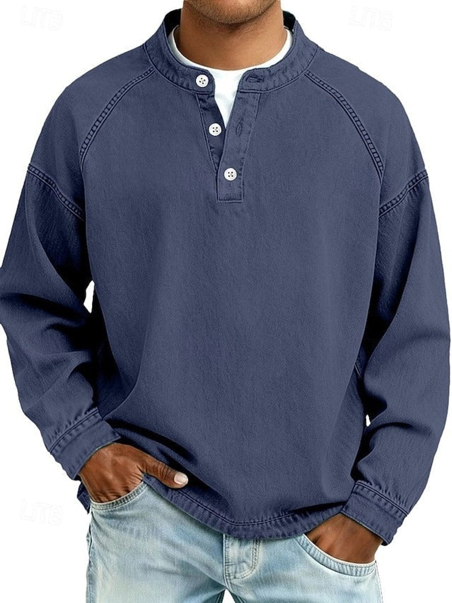 Men's Retro Washed Henley Pullover Mens Knit Sweater Long Sleeve - Dark Blue