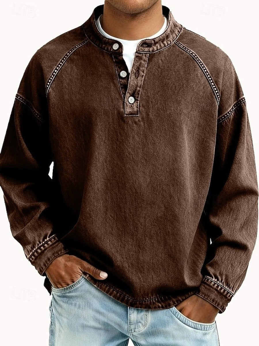 Men's Retro Washed Henley Pullover Mens Knit Sweater Long Sleeve - Brown