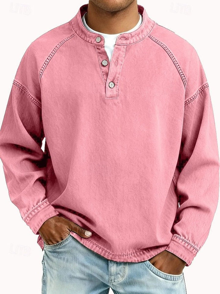 Men's Retro Washed Henley Pullover Mens Knit Sweater Long Sleeve - Pink