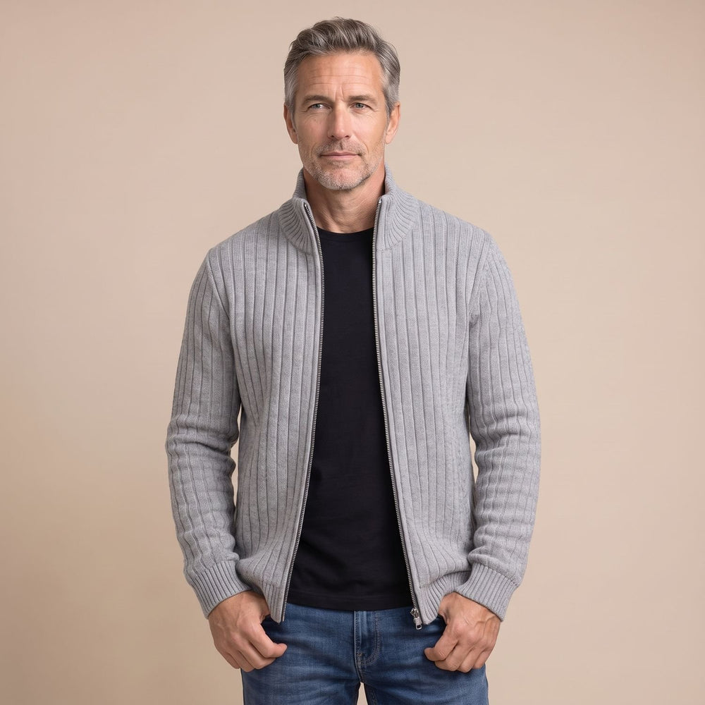 Men's Ribbed Full-Zip Stand-Collar Knit Cardigan Sweater - Light Gray
