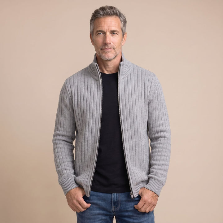 Men's Ribbed Full-Zip Stand-Collar Knit Cardigan Sweater - Light Gray