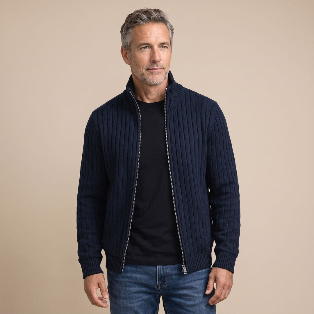 Men's Ribbed Full-Zip Stand-Collar Knit Cardigan Sweater - Navy Blue
