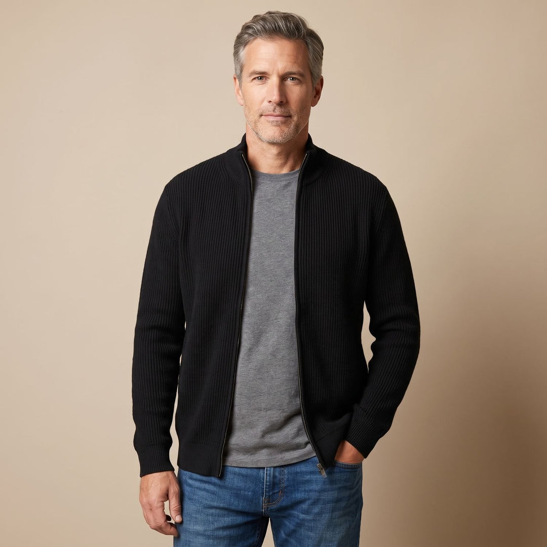 Men's Ribbed Full-Zip Stand-Collar Knit Cardigan Sweater - Black