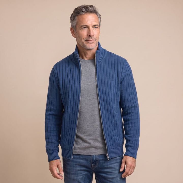 Men's Ribbed Full-Zip Stand-Collar Knit Cardigan Sweater - Blue