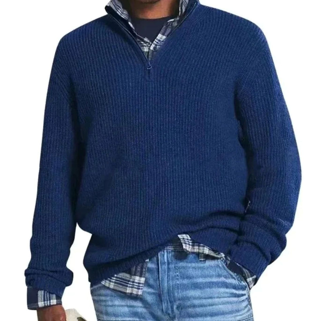Men's Ribbed Knit Quarter-Zip Pullover Sweater - Navy Blue