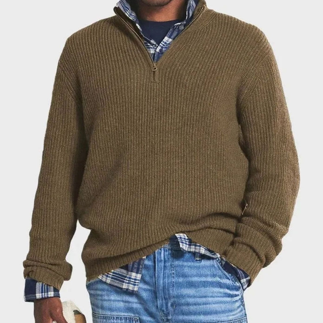 Men's Ribbed Knit Quarter-Zip Pullover Sweater - Brown