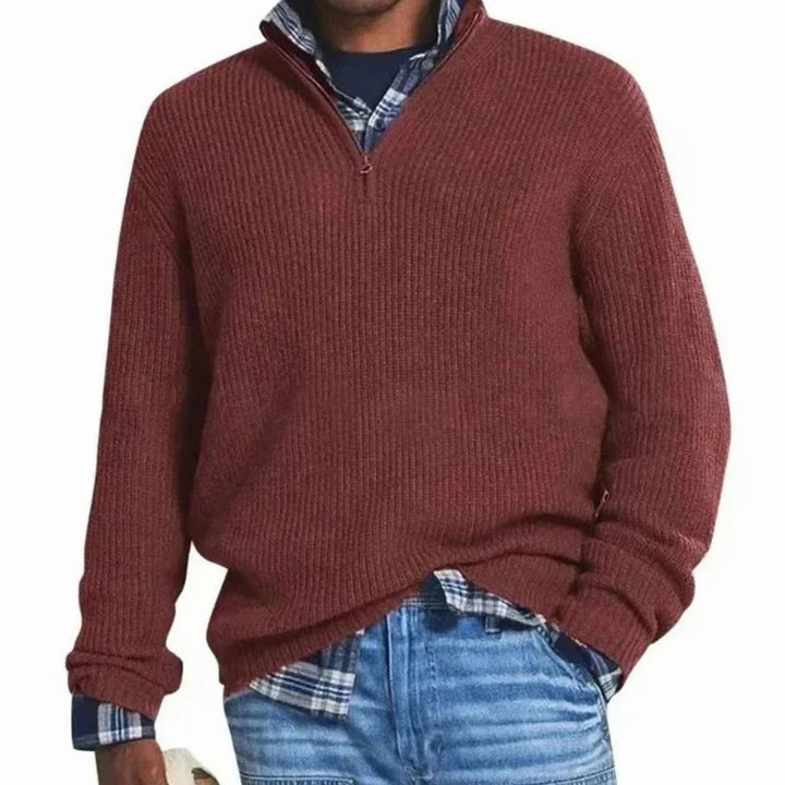 Men's Ribbed Knit Quarter-Zip Pullover Sweater - Burgundy