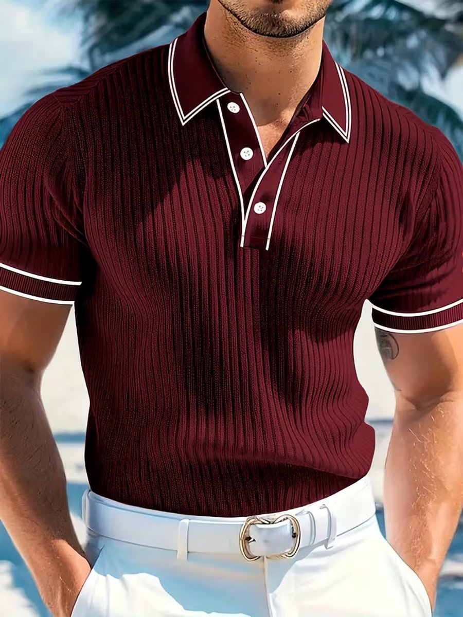 Men's Ribbed Knit Short-Sleeve Contrast-Trim Polo Shirt - Red