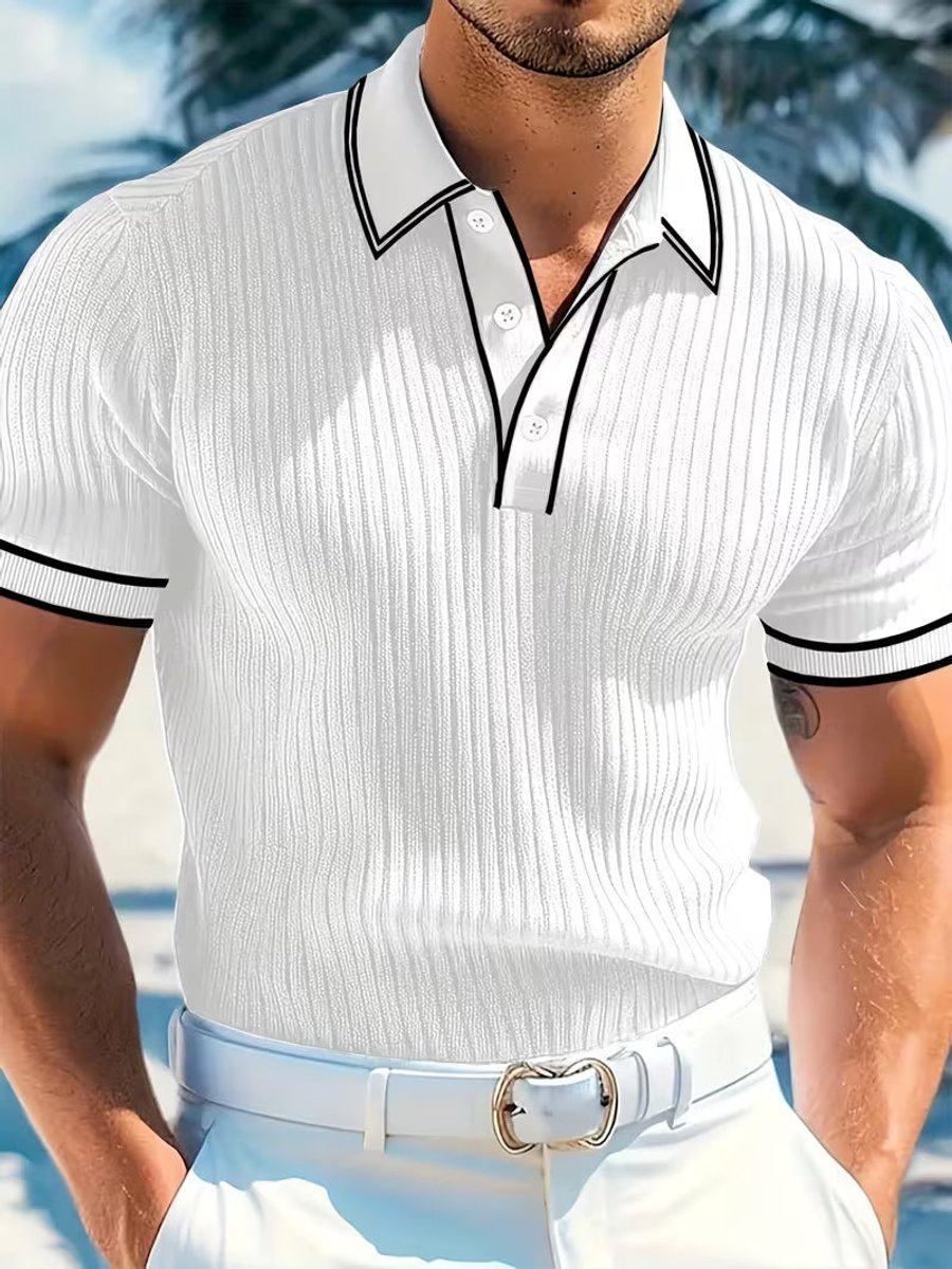 Men's Ribbed Knit Short-Sleeve Contrast-Trim Polo Shirt - White