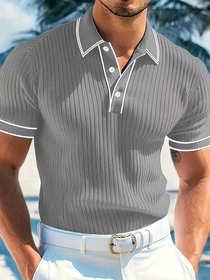 Men's Ribbed Knit Short-Sleeve Contrast-Trim Polo Shirt - Gray
