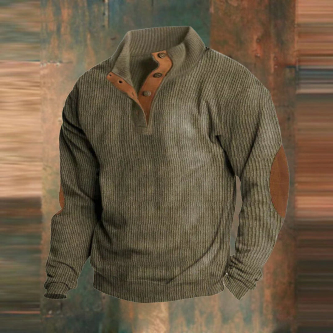 Men's Ribbed Knit Sweater Quarter-Snap Collar Elbow Patch Pullover - Green