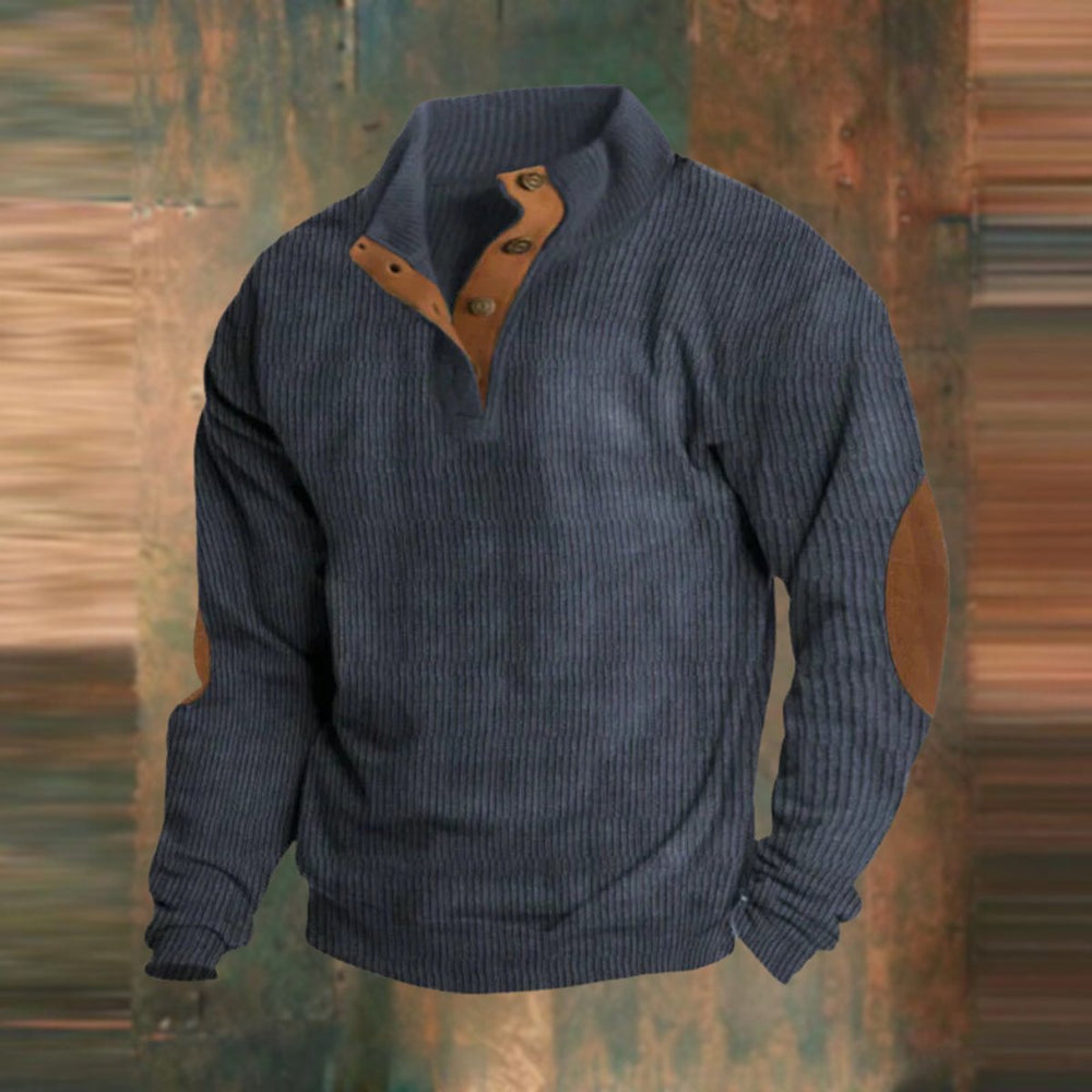 Men's Ribbed Knit Sweater Quarter-Snap Collar Elbow Patch Pullover - Navy Blue