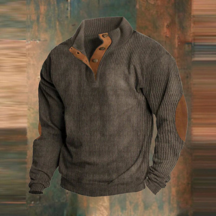 Men's Ribbed Knit Sweater Quarter-Snap Collar Elbow Patch Pullover - Brown