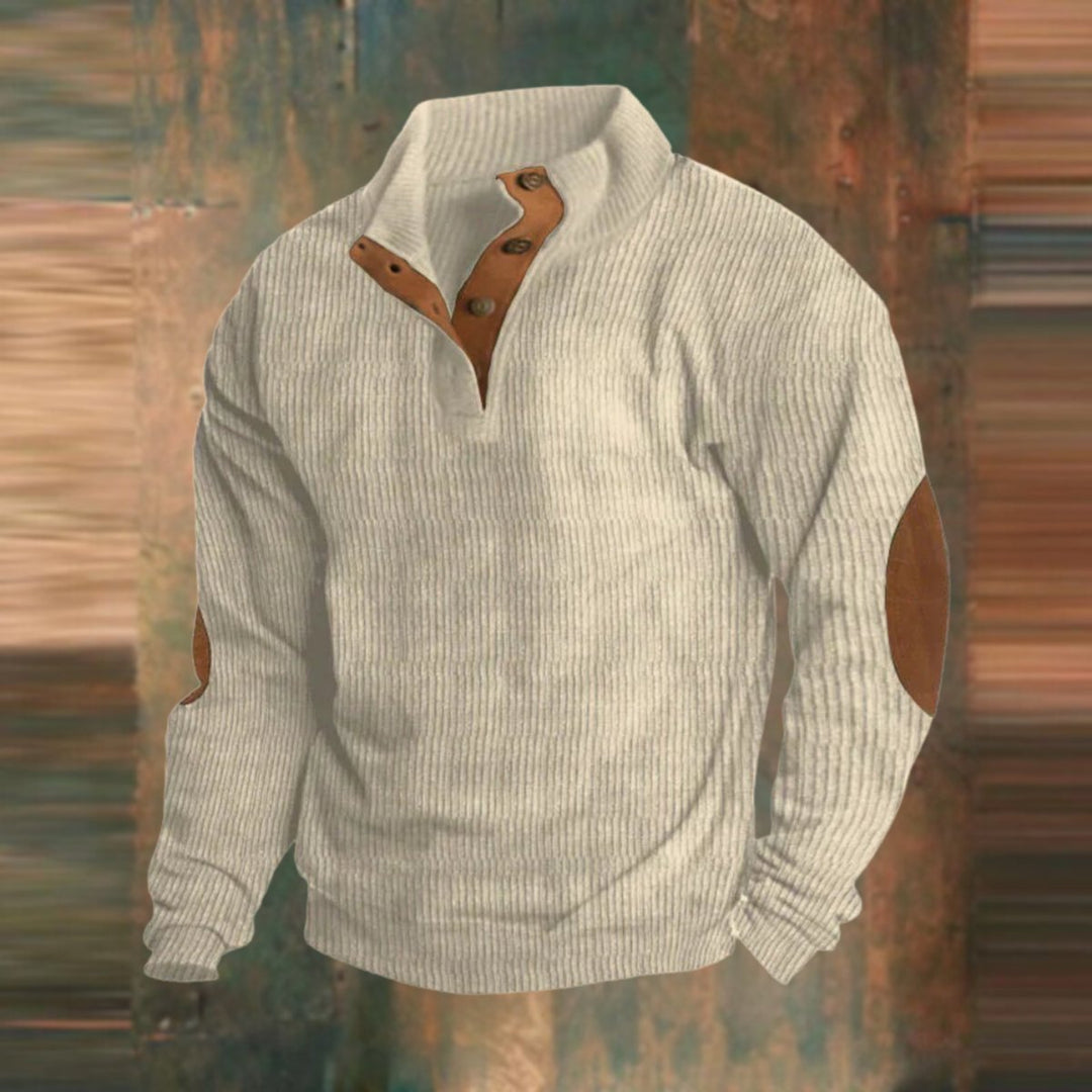 Men's Ribbed Knit Sweater Quarter-Snap Collar Elbow Patch Pullover - Beige