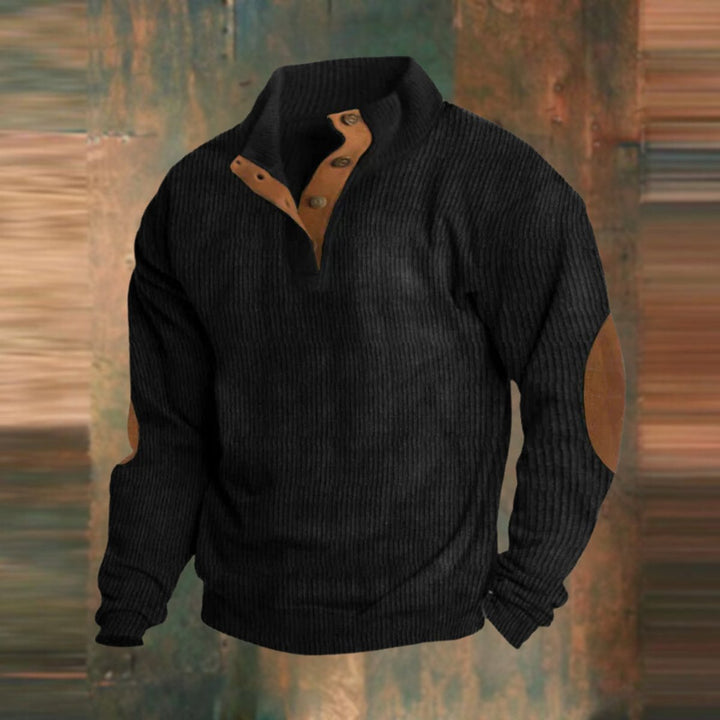Men's Ribbed Knit Sweater Quarter-Snap Collar Elbow Patch Pullover - Black