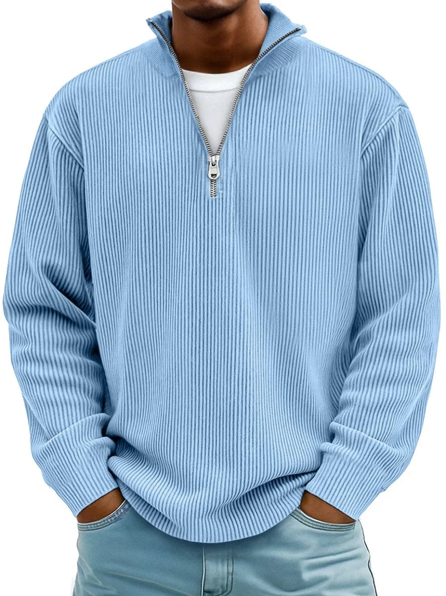 Men's Ribbed Knit Sweater Quarter-Zip Mock Neck Pullover - Blue