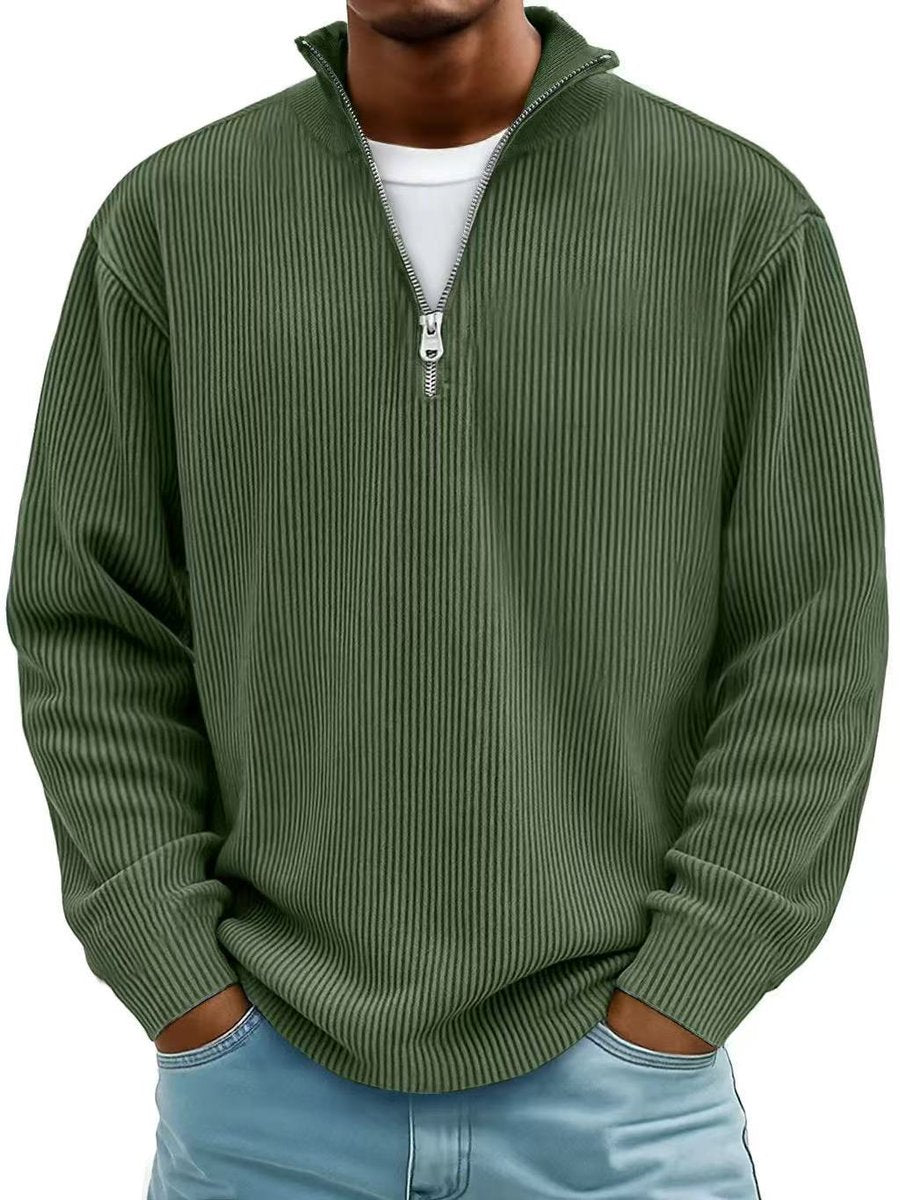 Men's Ribbed Knit Sweater Quarter-Zip Mock Neck Pullover - Olive Green