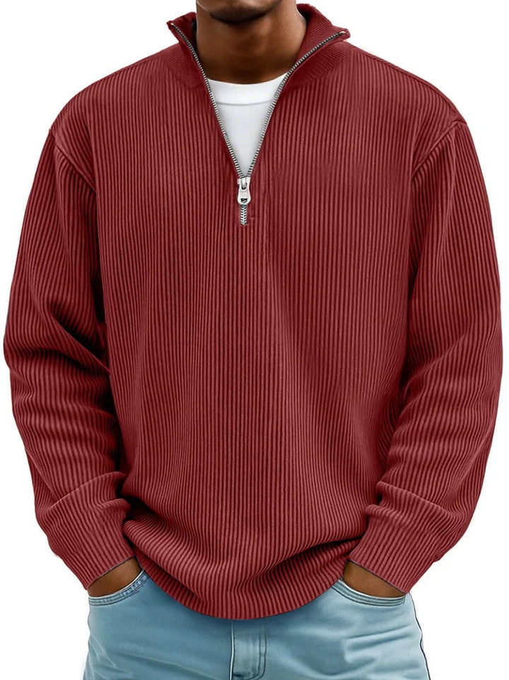Men's Ribbed Knit Sweater Quarter-Zip Mock Neck Pullover - Red