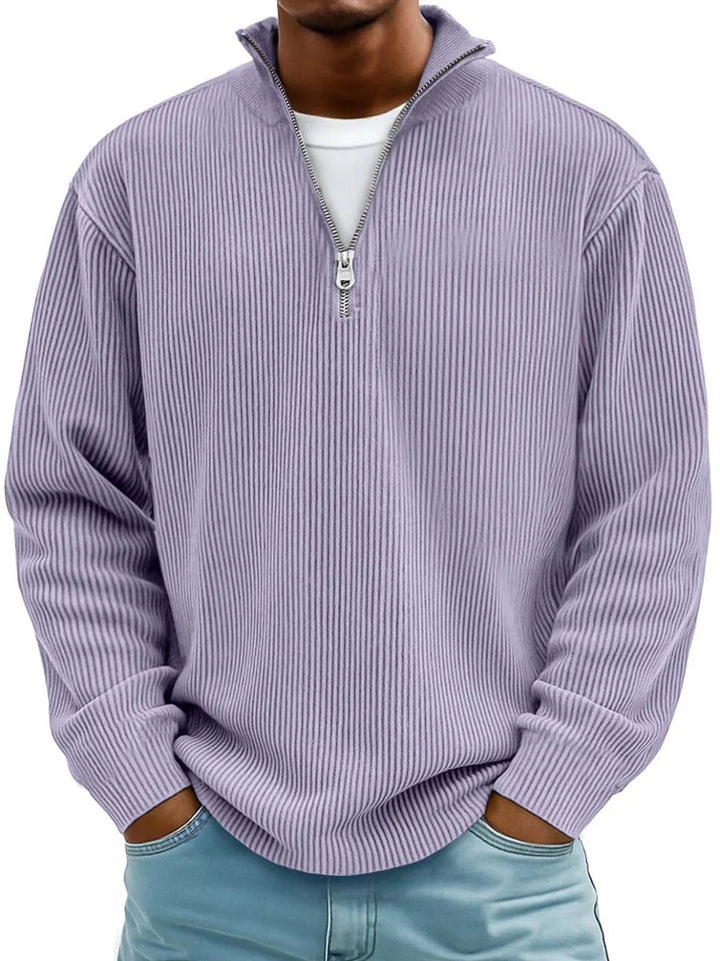 Men's Ribbed Knit Sweater Quarter-Zip Mock Neck Pullover - Purple