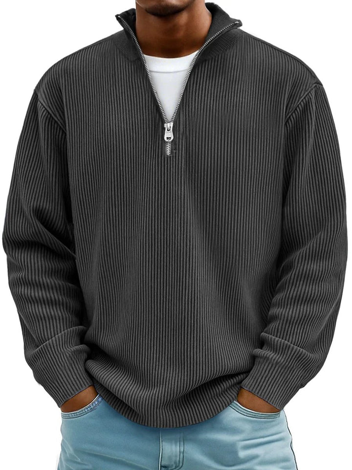 Men's Ribbed Knit Sweater Quarter-Zip Mock Neck Pullover - Black