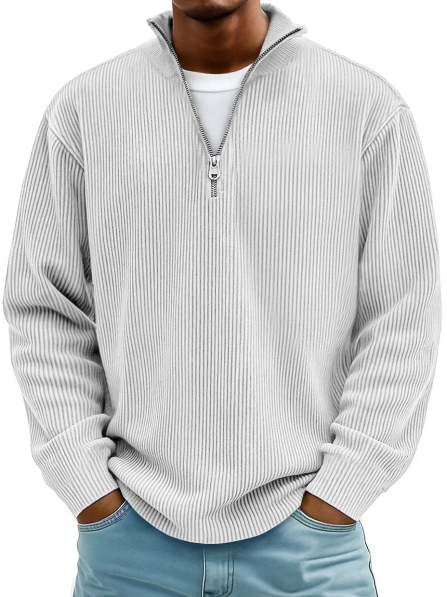 Men's Ribbed Knit Sweater Quarter-Zip Mock Neck Pullover - White