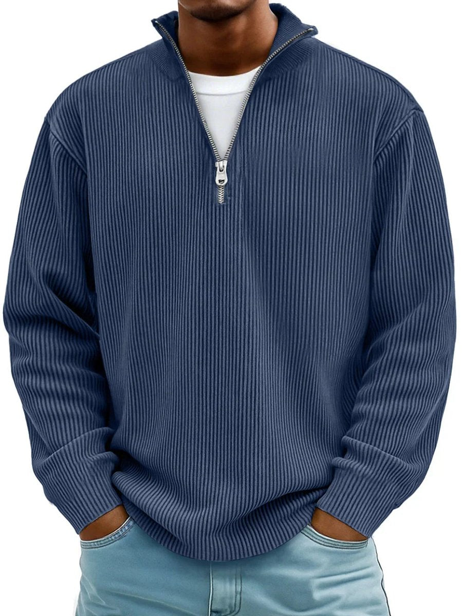 Men's Ribbed Knit Sweater Quarter-Zip Mock Neck Pullover - Navy Blue