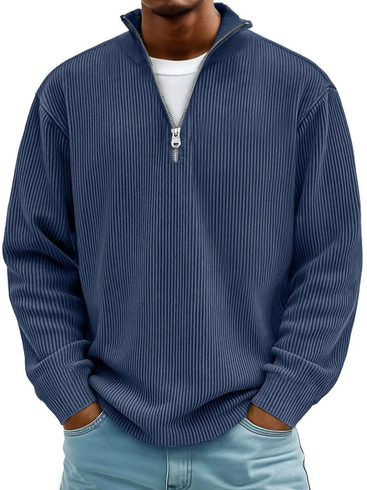 Men's Ribbed Knit Sweater Quarter-Zip Mock Neck Pullover - Navy Blue