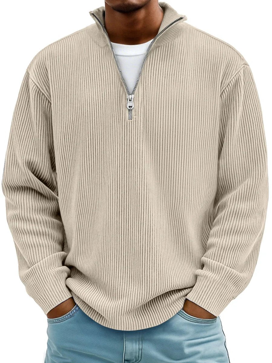 Men's Ribbed Knit Sweater Quarter-Zip Mock Neck Pullover - Khaki