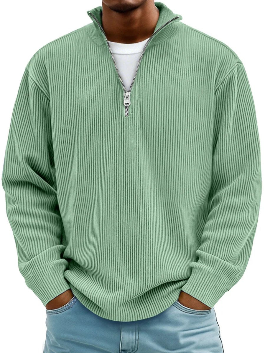 Men's Ribbed Knit Sweater Quarter-Zip Mock Neck Pullover - Green