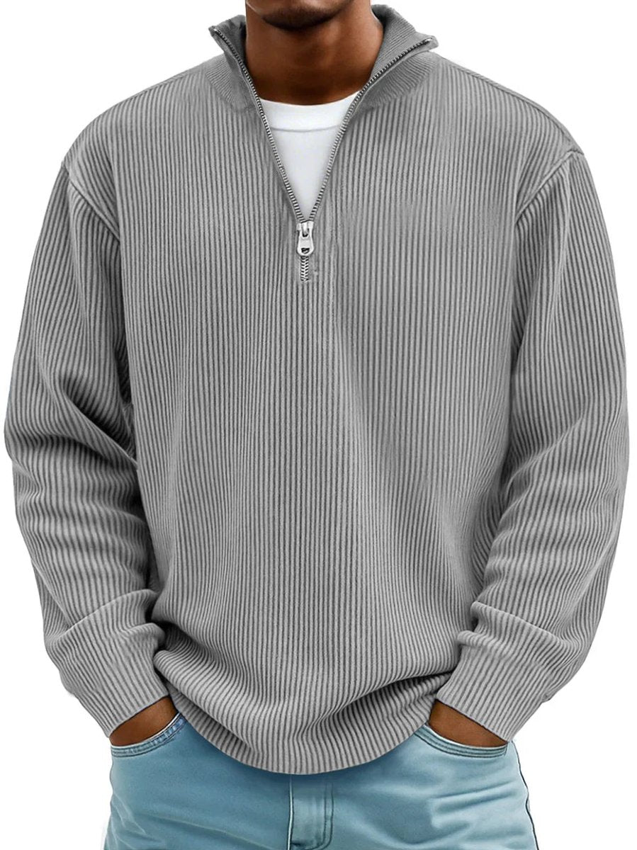 Men's Ribbed Knit Sweater Quarter-Zip Mock Neck Pullover - Gray