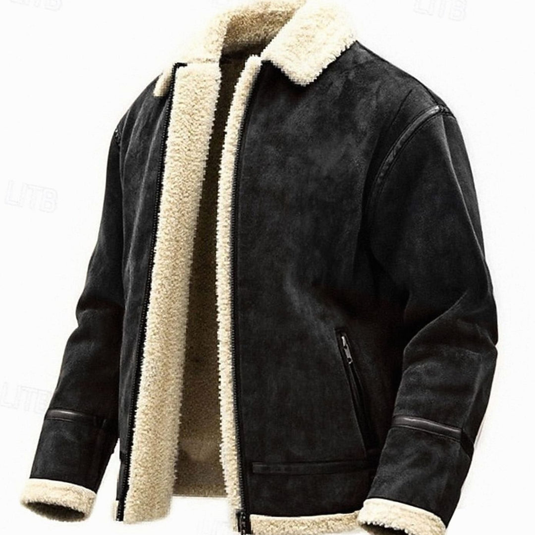 Men's Sherpa-Lined Aviator Bomber Jacket Full-Zip Suede - Black
