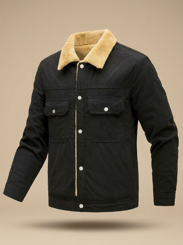 Men's Sherpa-Lined Corduroy Button-Front Jacket Fleece Collar - Black