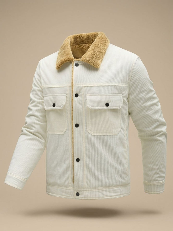 Men's Sherpa-Lined Corduroy Button-Front Jacket Fleece Collar - White