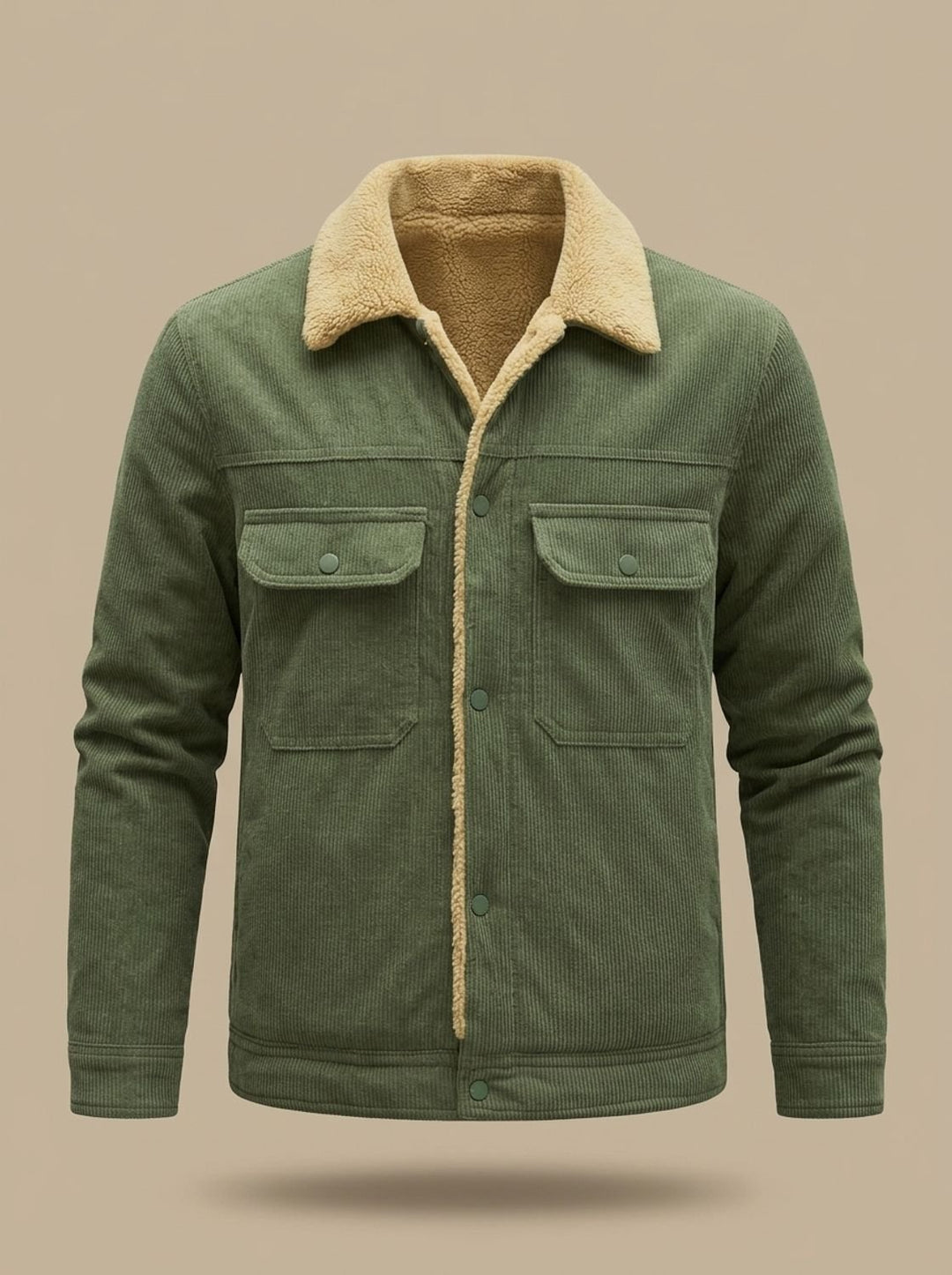 Men's Sherpa-Lined Corduroy Button-Front Jacket Fleece Collar - Army Green