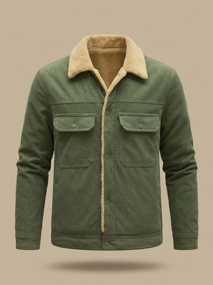 Men's Sherpa-Lined Corduroy Button-Front Jacket Fleece Collar - Army Green