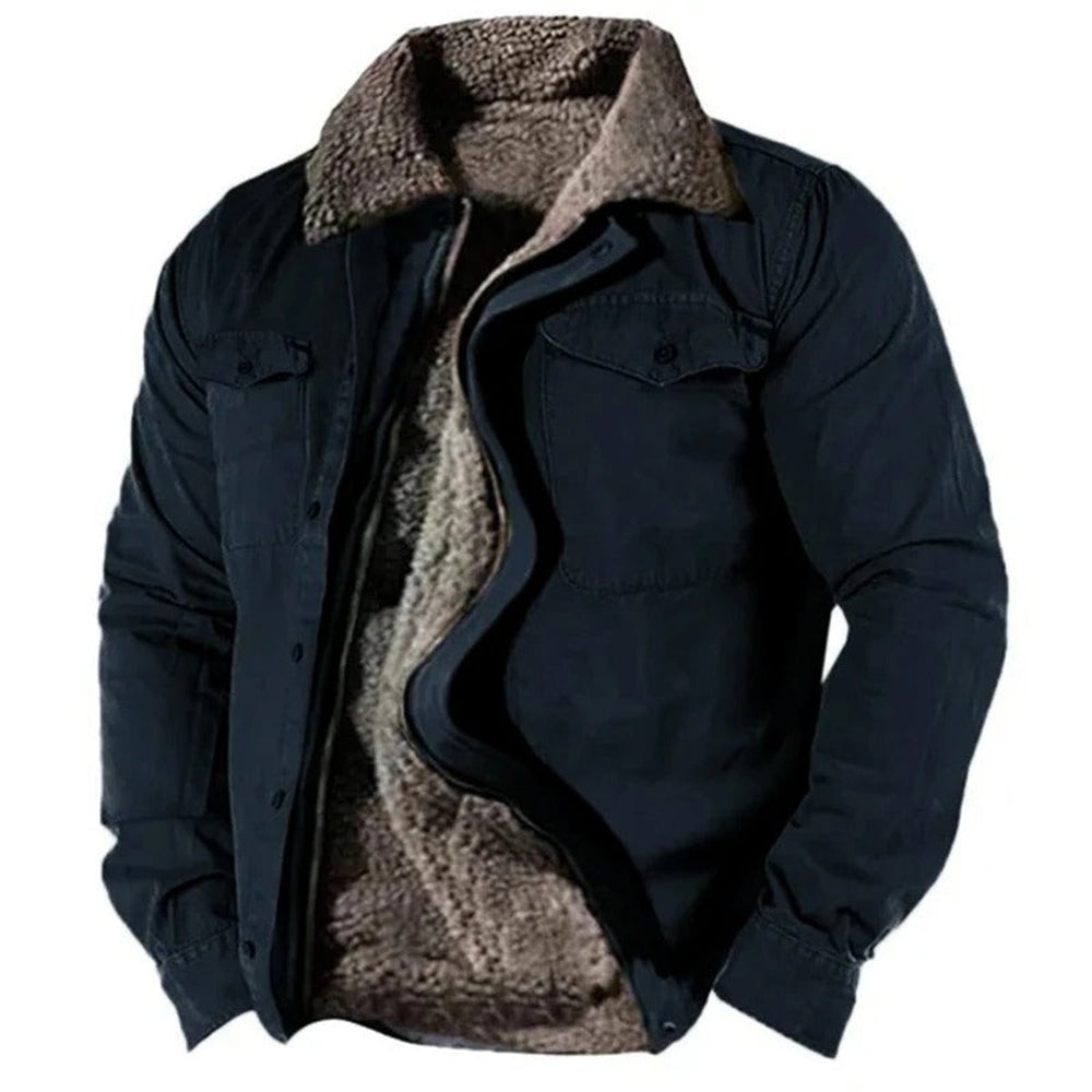 Men's Sherpa-Lined Fleece Western Snap-Button Jacket Sweater Women Love Too - Navy Blue