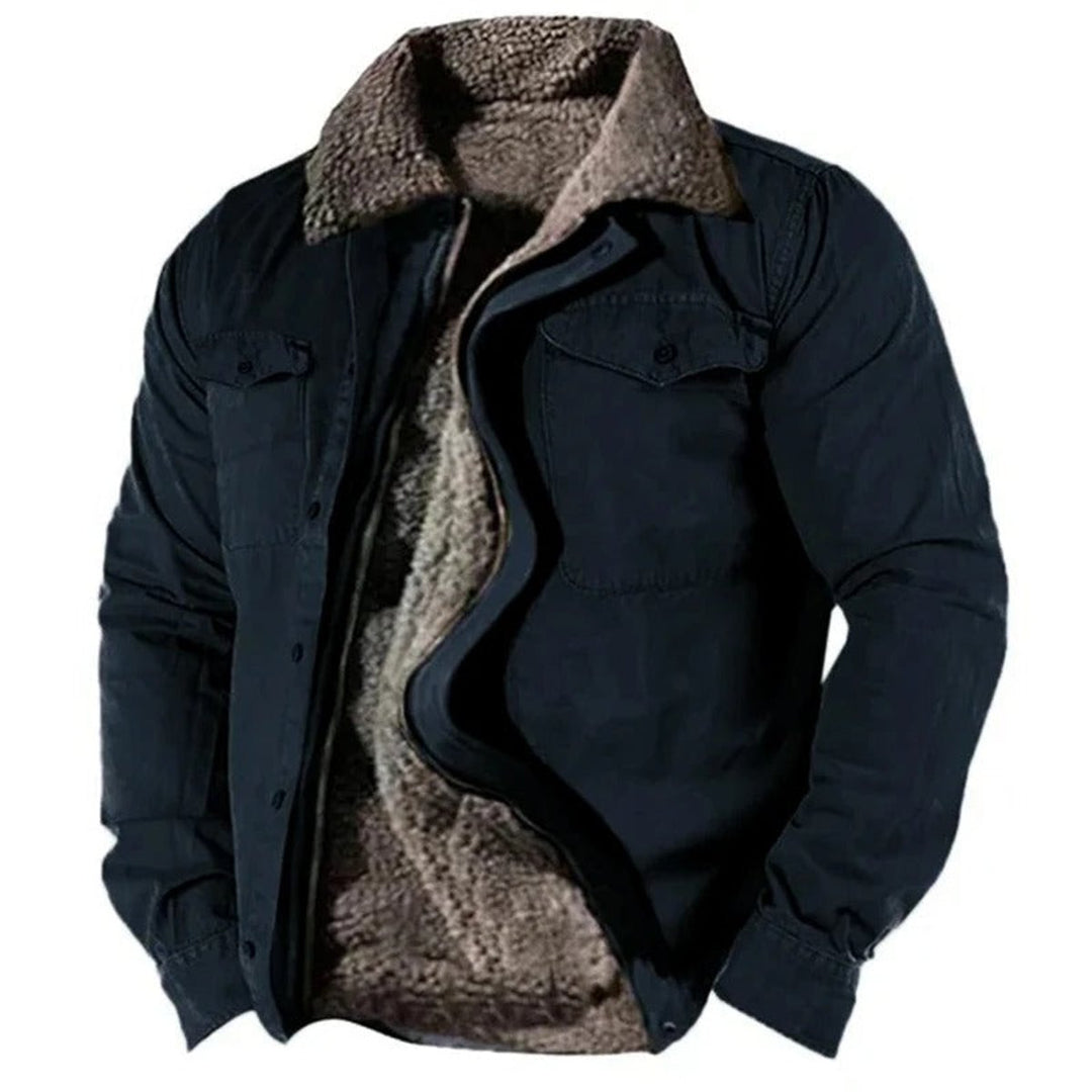 Men's Sherpa-Lined Fleece Western Snap-Button Jacket Sweater Women Love Too - Navy Blue