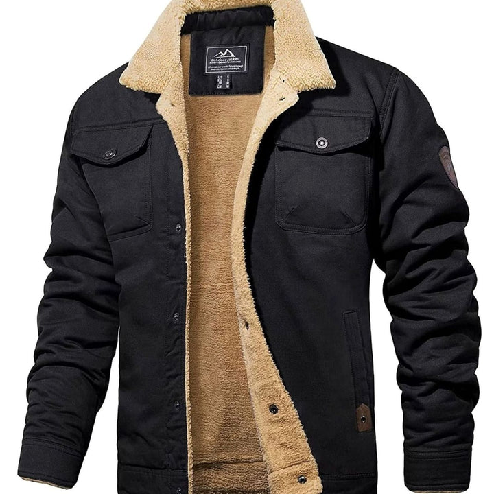 Men's Sherpa-Lined Fleece Winter Jacket Multi-Pocket - Black