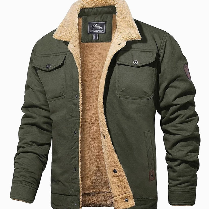 Men's Sherpa-Lined Fleece Winter Jacket Multi-Pocket - Army Green