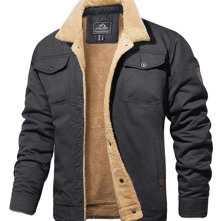 Men's Sherpa-Lined Fleece Winter Jacket Multi-Pocket - Dark Grey